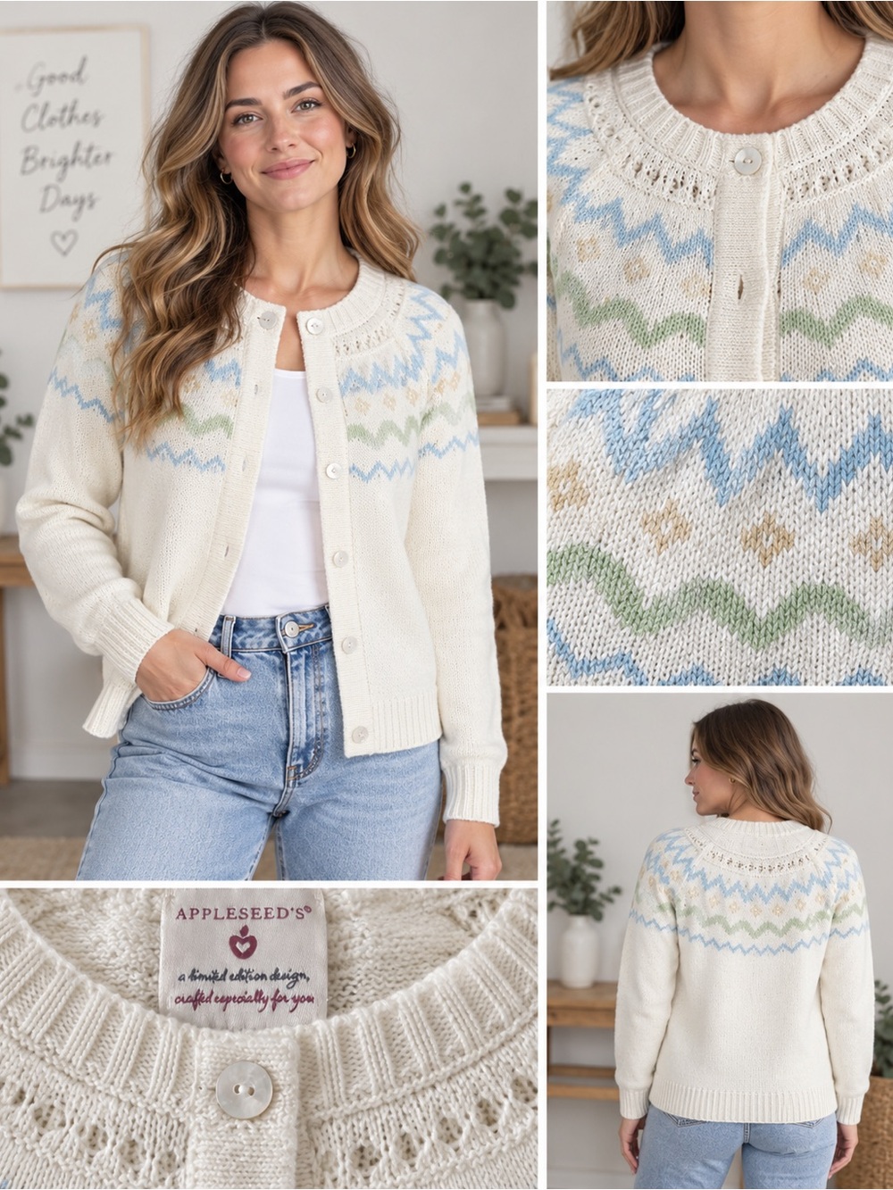 Deadstock Vintage Appleseed's Fair Isle Cardigan Sweater NWT Pastel L